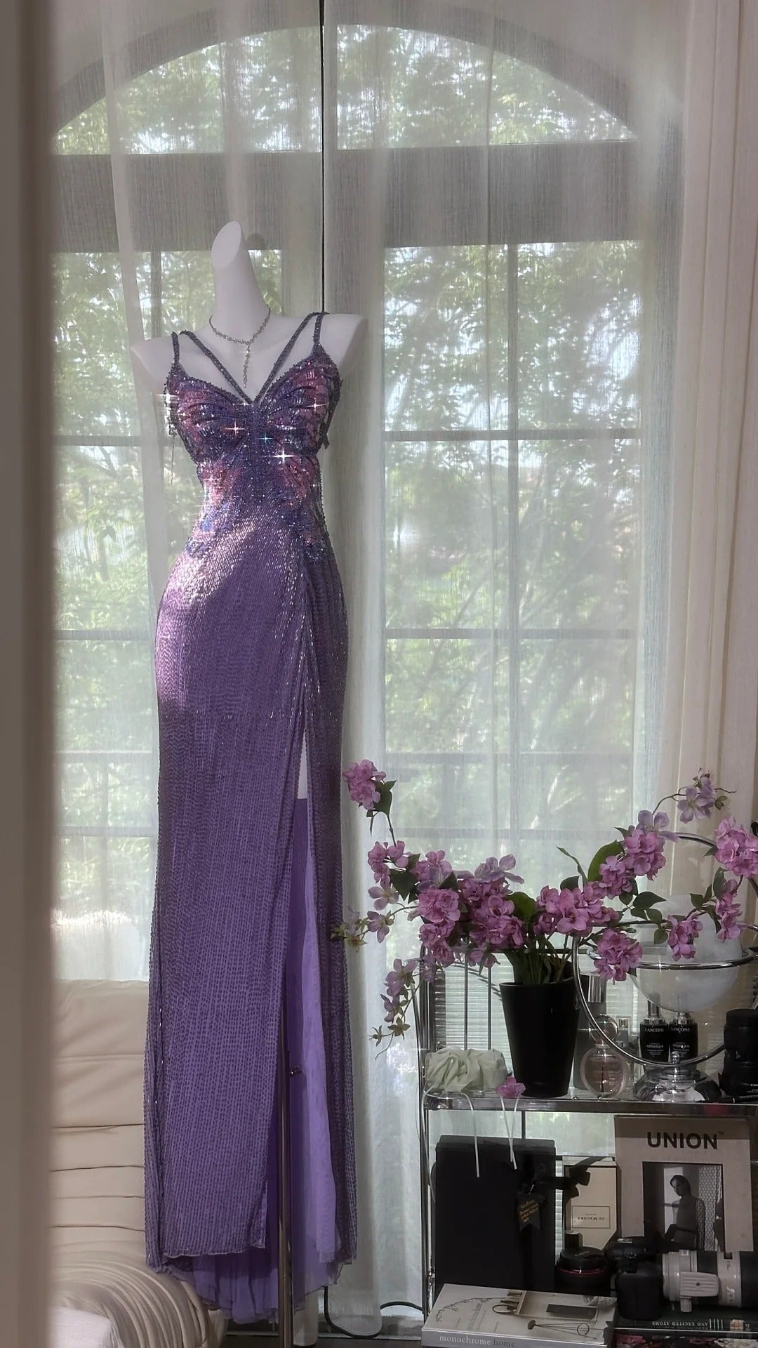 Purple Shiny Evening Dresses, Sleeveless Long Prom Party Gowns With Slit cg25574