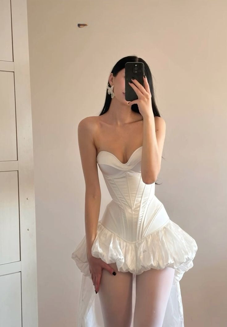 White Strapless Evening Prom Dresses High Low Homecoming Gowns      cg25605