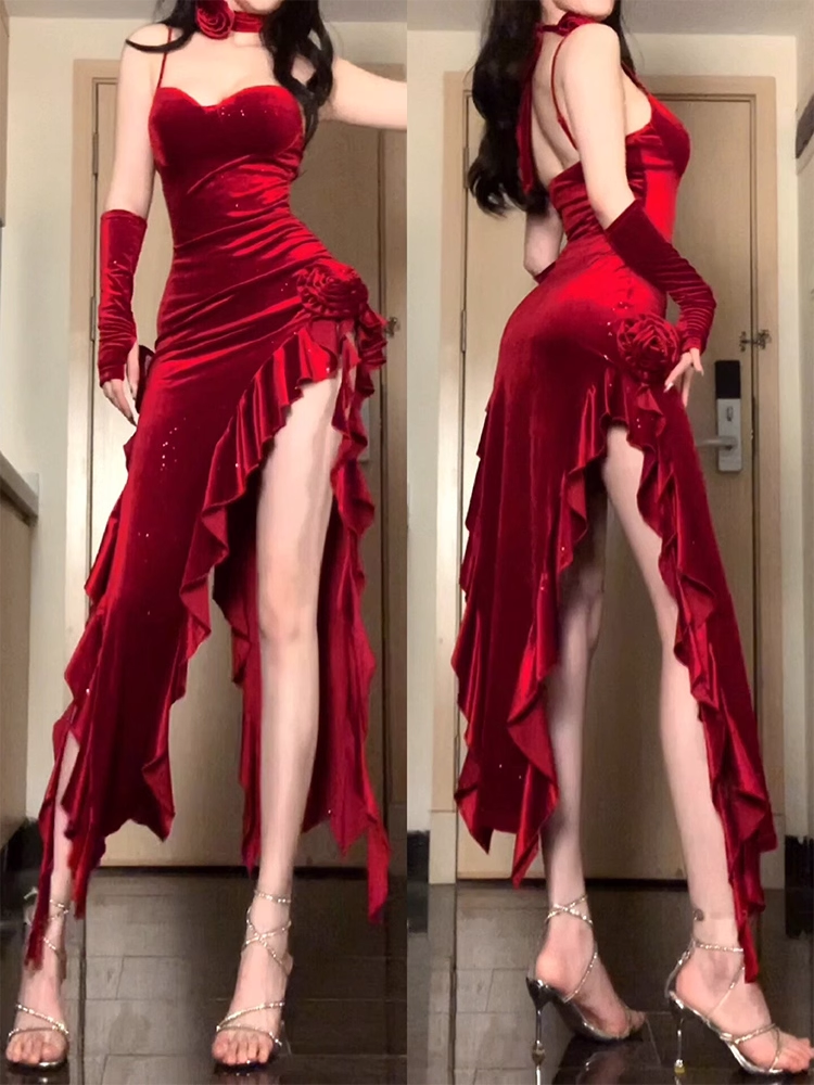Irregular velvet slip dress G142