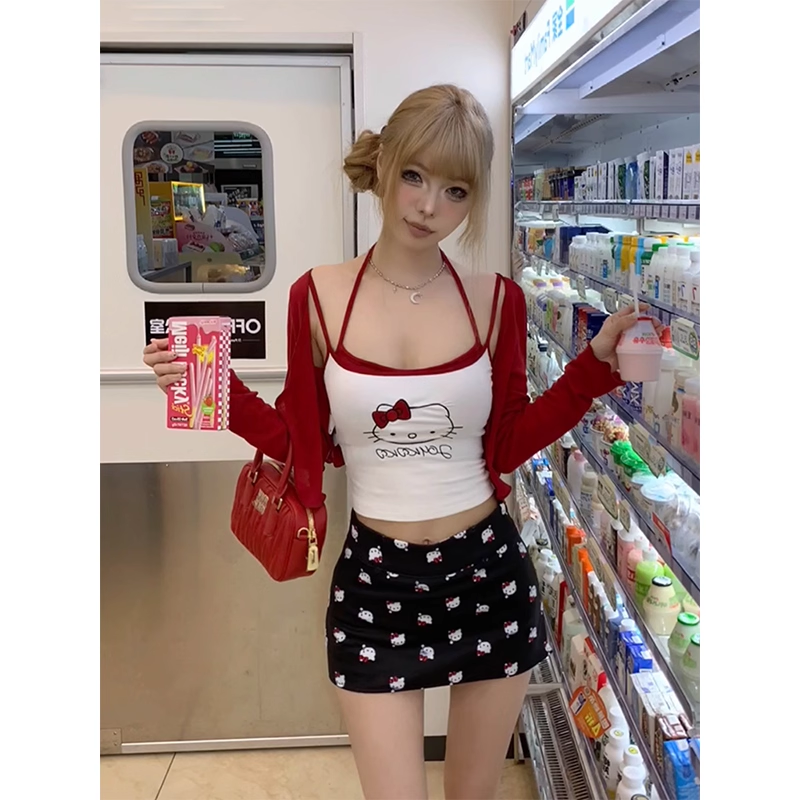 Printed camisole cardigan top women's summer versatile bodycon skirt set G068