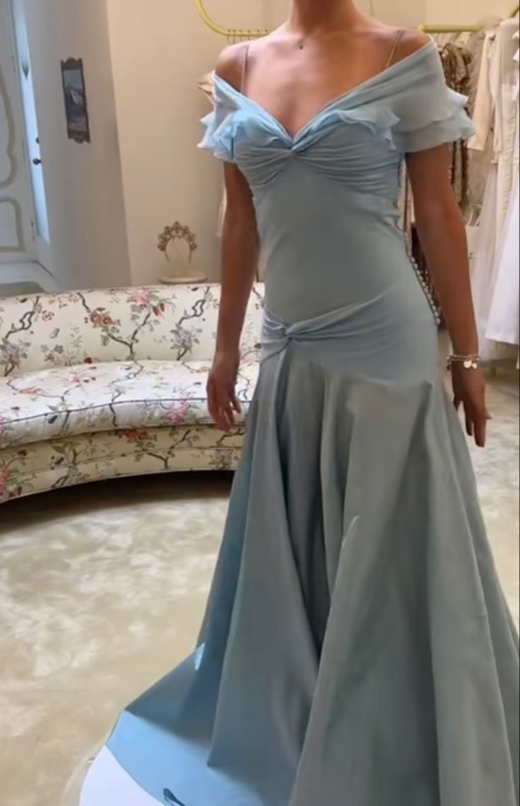 Blue Off-the-shoulder Elegant A-Line Long Prom Dress Birthday Dress   cg25465