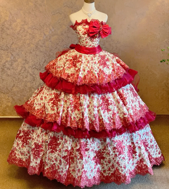 Ball Gown Red Sweet 16 Birthday Dress Flora Tiered Formal Prom Party Dress cg26323