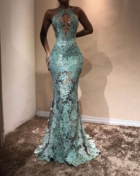 Halter Lace See Through Prom Dresses Mermaid Sleeveless Evening Gown cg18502