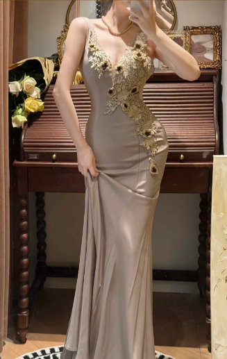 V Neck Mermaid Prom Party Dress With Flowers ,Classy Evening Dress cg26307