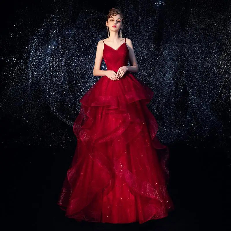 Wine Red Straps Tulle Princess Long Evening Dress Party Dress, Shiny Tulle Evening Gown Prom Dress cg22119