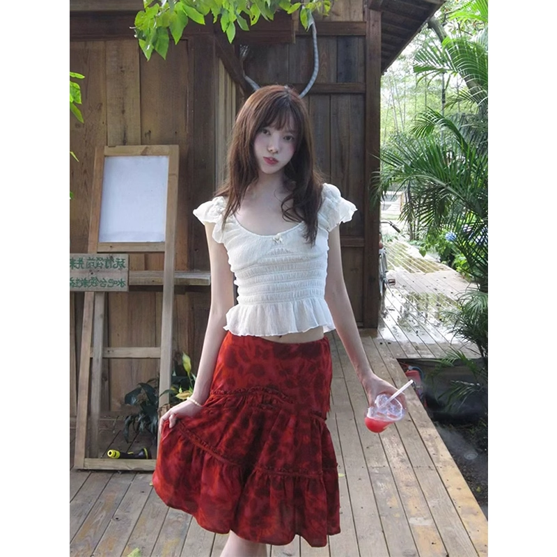 Square neckline, small flutter sleeves, summer ruffled print midi skirt set G091