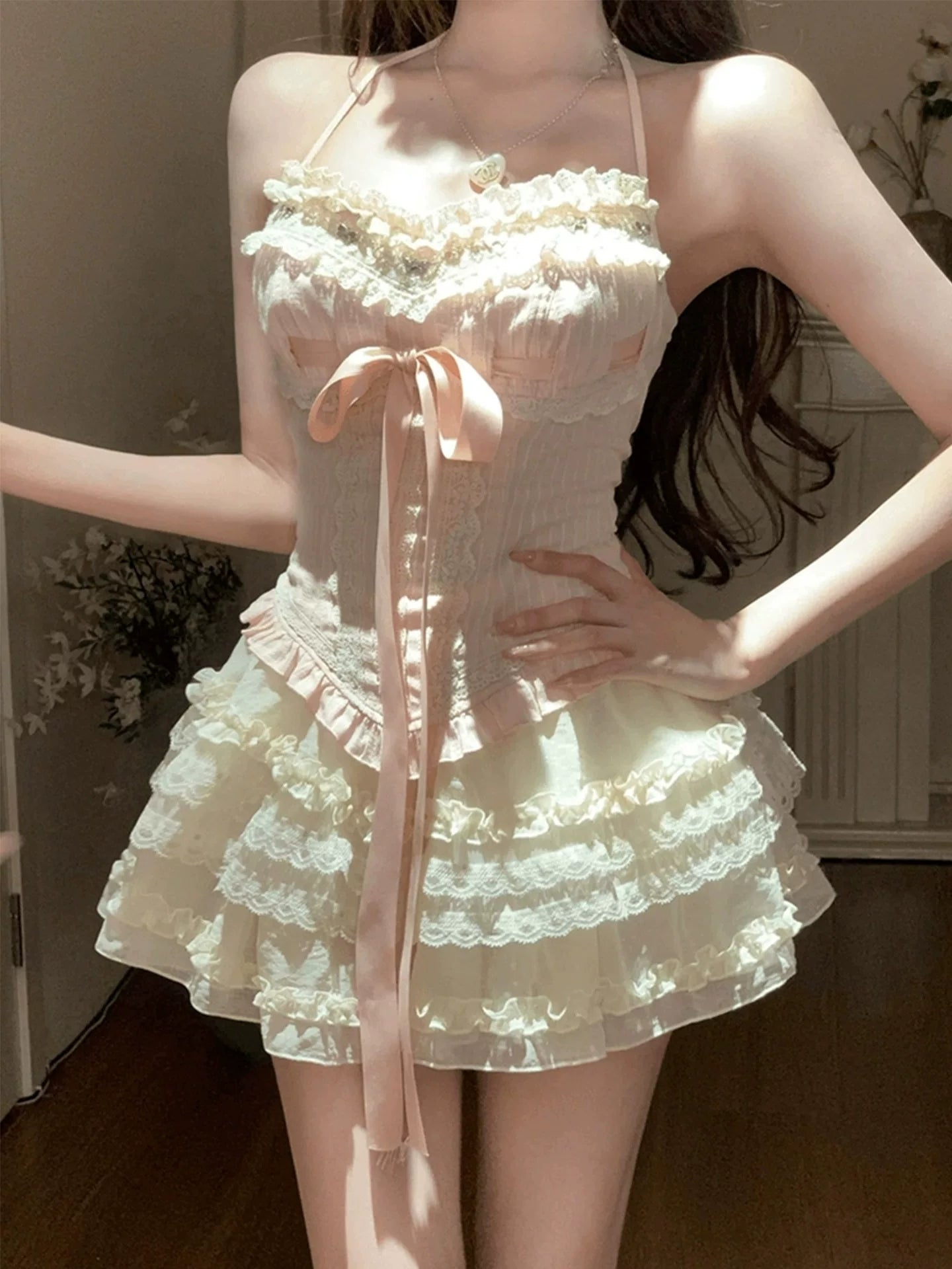 Bow-tie halter neck cake dress set G021