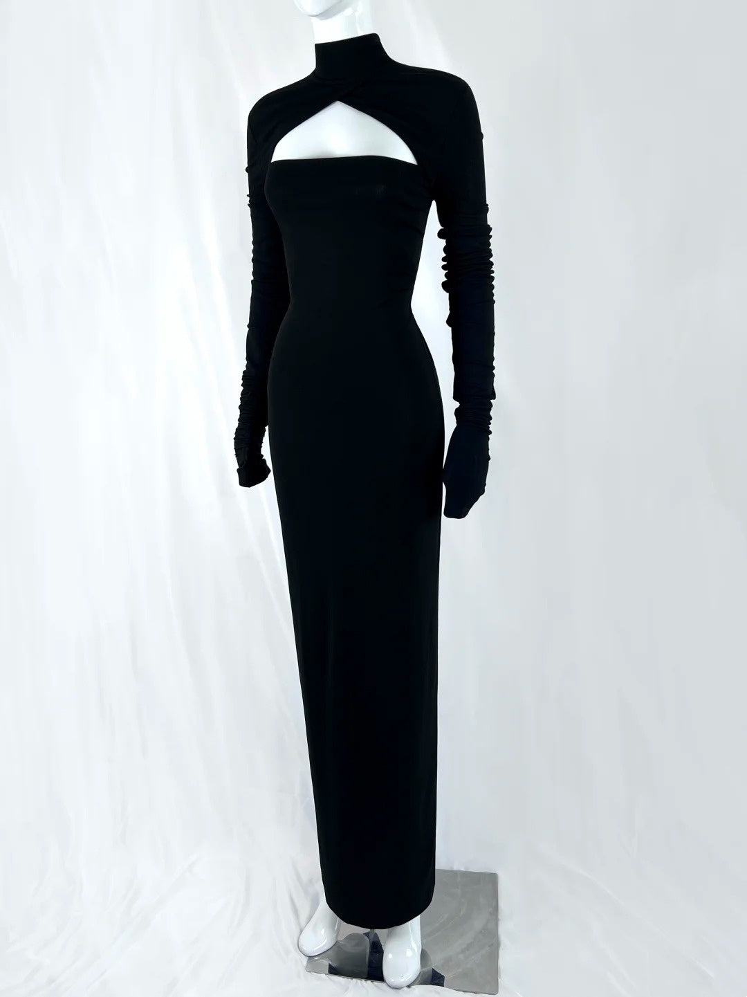 Gorgeous High Collar Black Prom Dress Long Sleeve Cutout Sheath Evening Dress CY0073