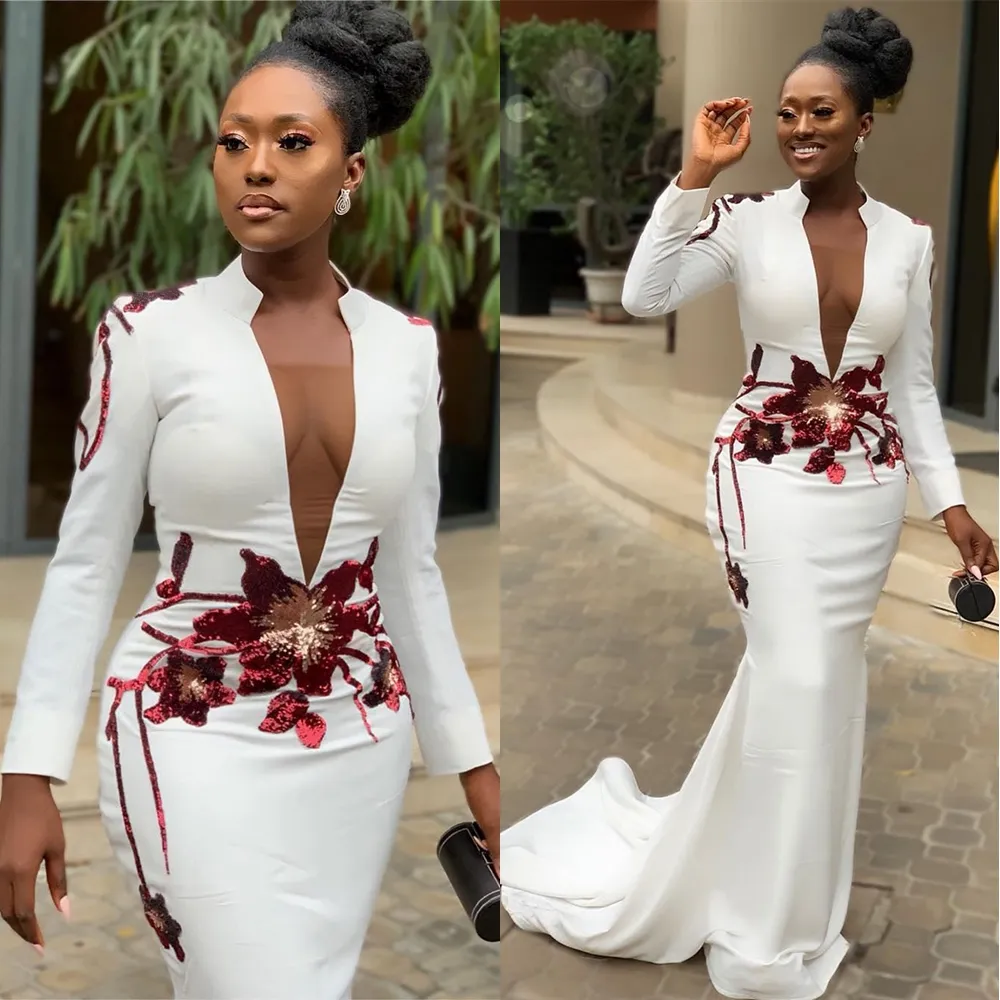 Elegant White Mermaid Formal Evening Dresses African Deep V-Neck Long Sleeve Appliques Red Lace Fashion Prom Party Dress Wear cg24624