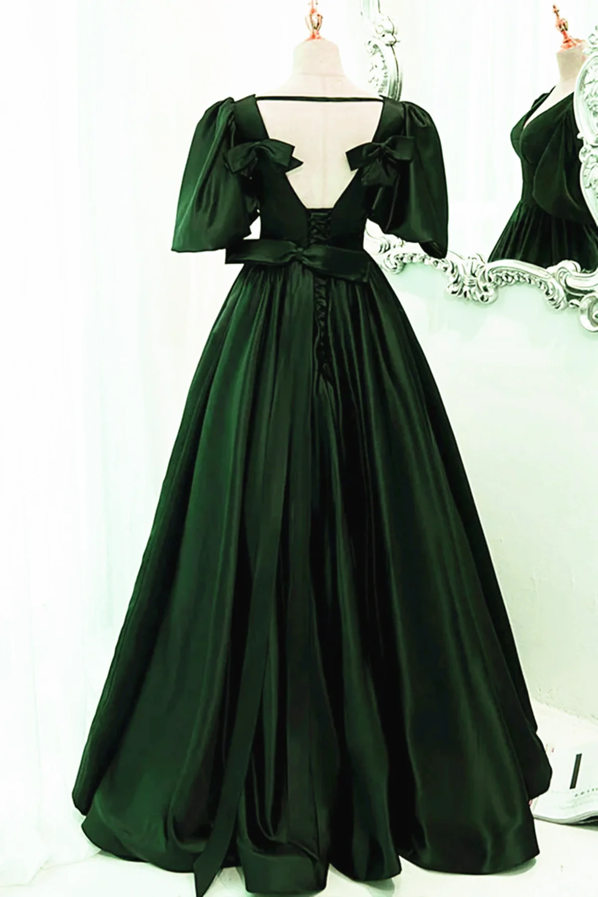 Green Satin Short Sleeves Long Party Dress, Green Floor Length Evening Dress Prom Dress cg25042