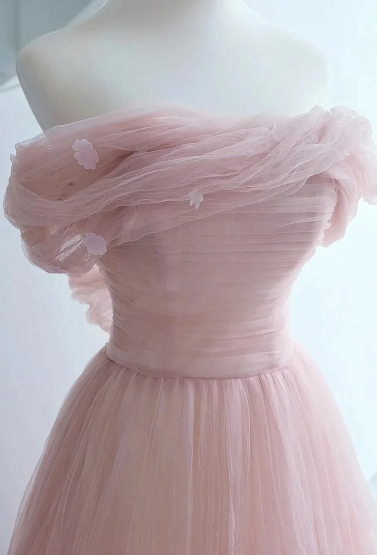 Pink Tulle Scoop A-line Floor Length Party Dress, Pink Off Shoulder Formal Dress Prom Dress cg25013