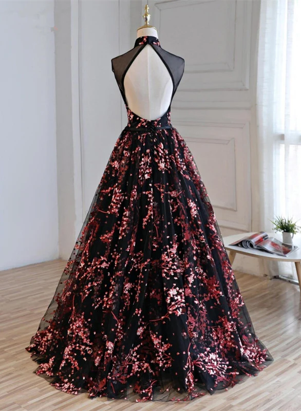 Gorgeous Black Tulle Long Formal Gown, Floral Evening Party Dress Prom Dress cg12644