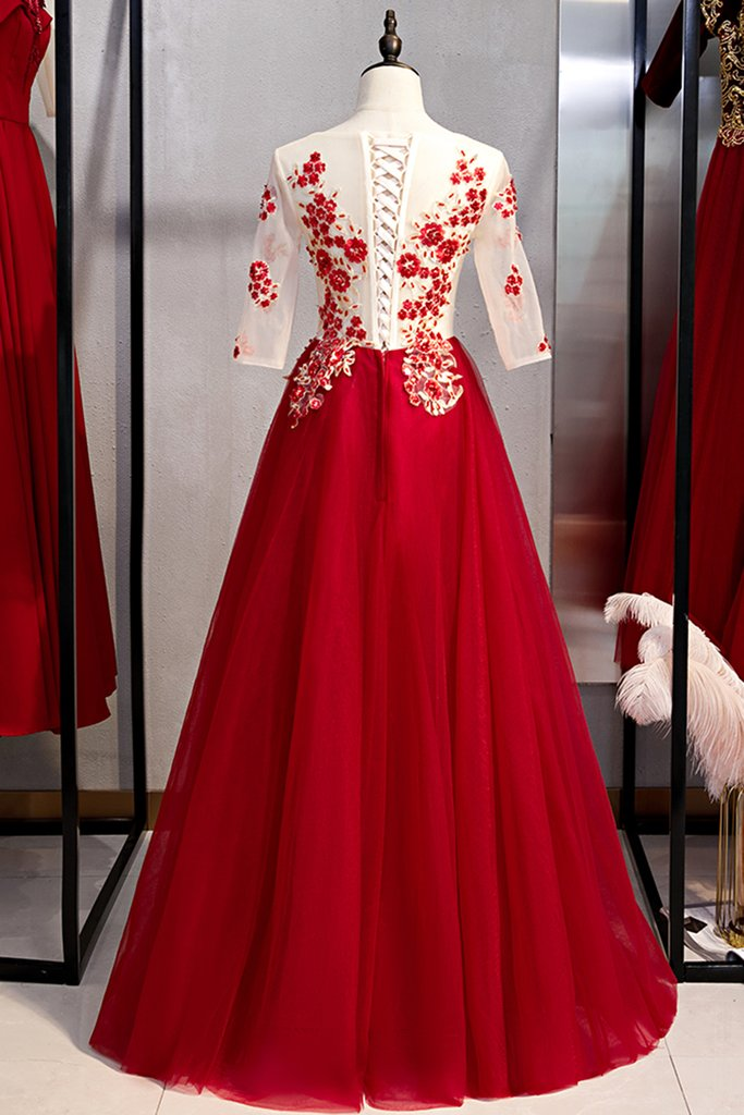 New Arrivals Burgundy Tulle 3/4 Sleeves Round Neck Lace Up Prom Dress With Applique cg6539