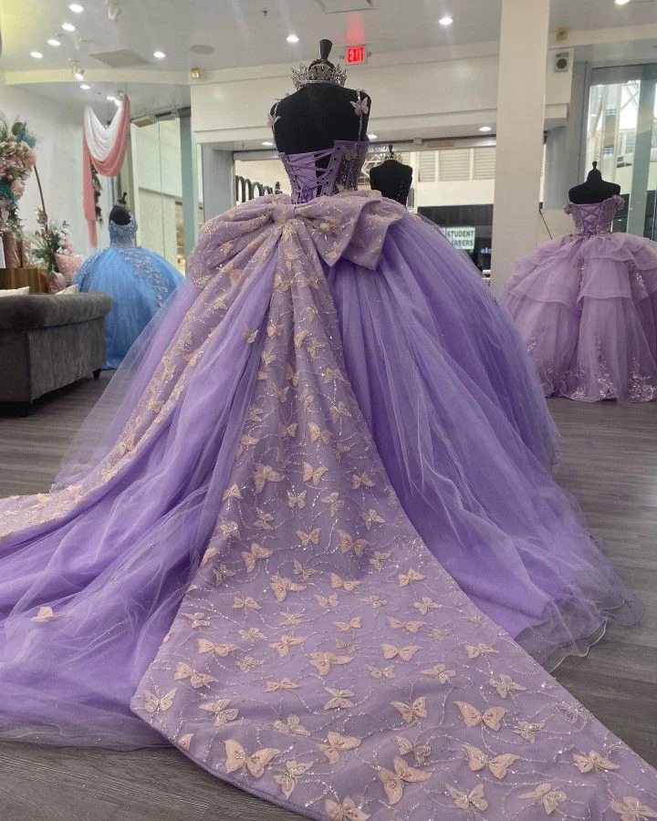 Purple Tulle Ball Gown With Butterflies,Sweet 16 Dress,Purple Princess Dress cg25047