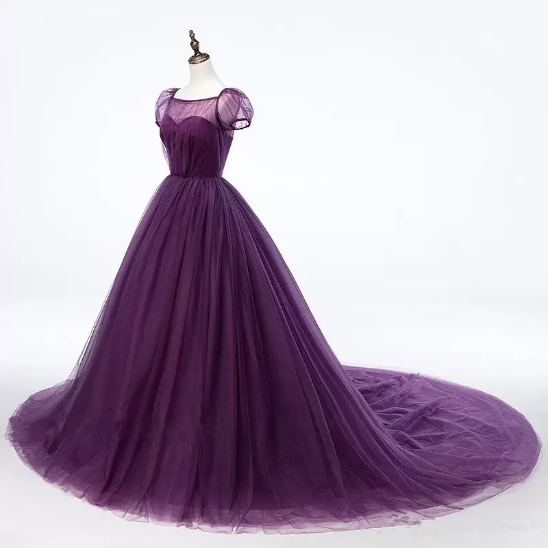 Purple Ball Gown Tulle Short Sleeve Backless Train Prom Dress cg10707