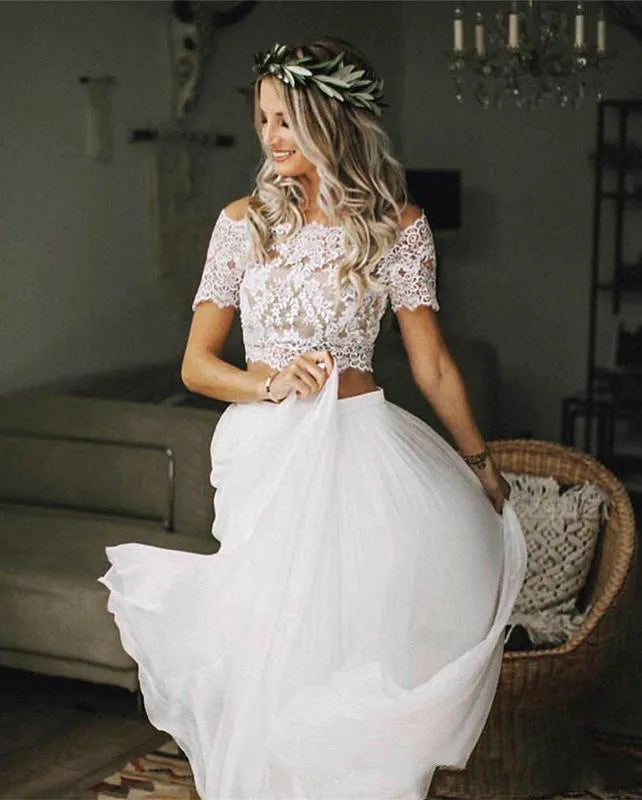 Boho Chic Lace Crop Chiffon Prom Dresses Two Piece Boho Wedding Dresses   cg9947