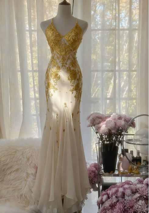Elegant Spaghetti Strap Mermaid Long Prom Dresses Chiffon Applique Gold Formal Dresses cg26111