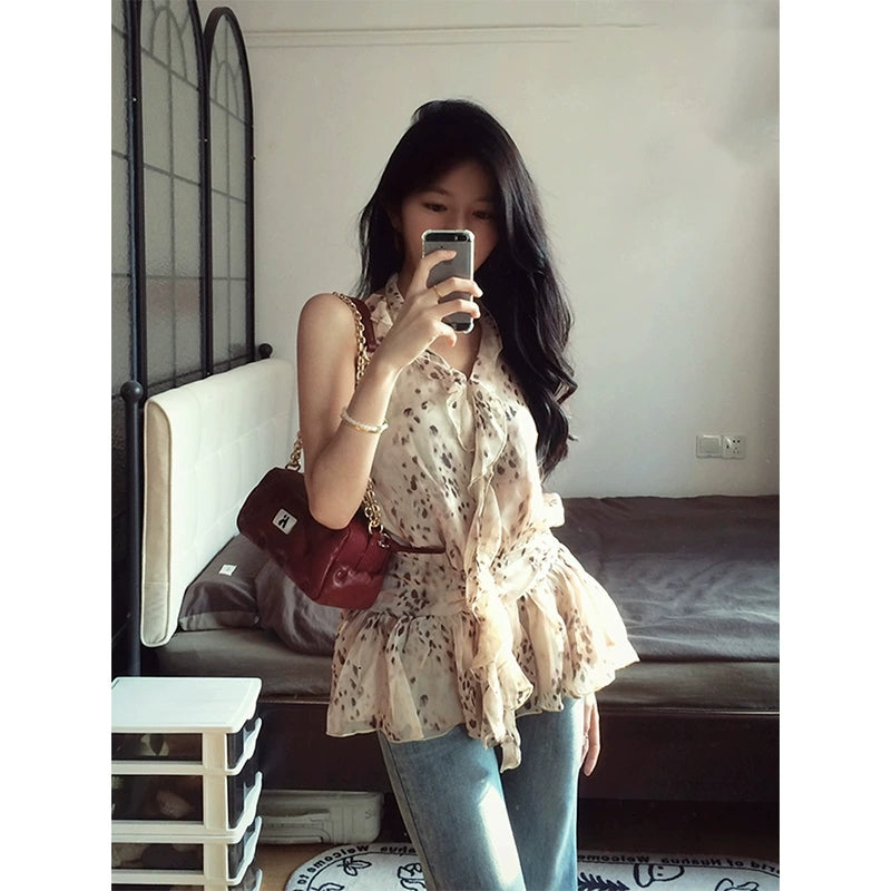 Retro leopard print ruffled V-neck halter top, sexy backless chiffon blouse G033