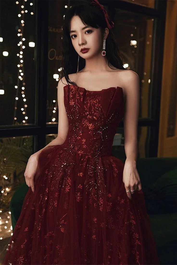 Tulle Long Prom Dresses Wine Red Tulle Formal Evening Dress cg26233