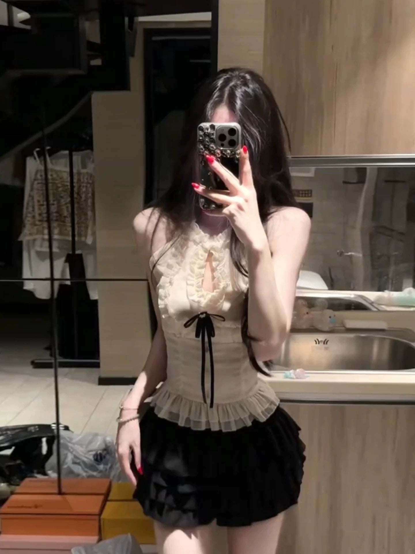 Women's Ruffled Waist-cinching Halter Neck Top and Puffy Skirt Set G040