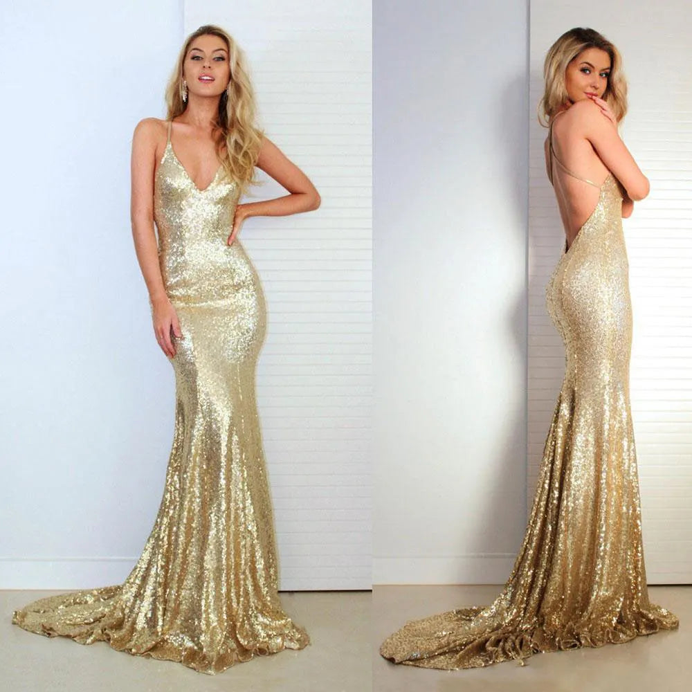 Gold Sequins Mermaid Prom Dresses Sexy Open Back Evening Dress with Sweep Train cg17766