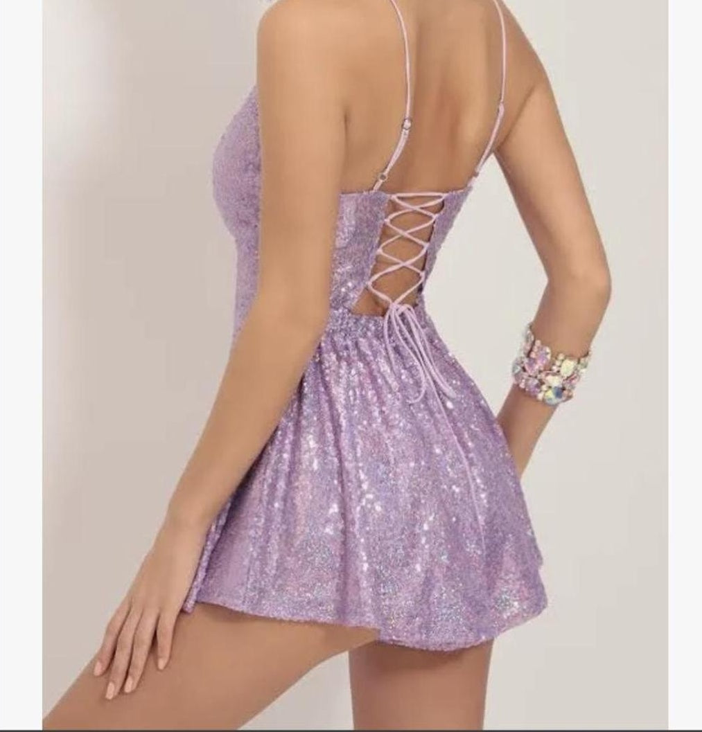 Sexy Lilac Sequin V Neck Short Party Dress Homecoming Dress     cg25667