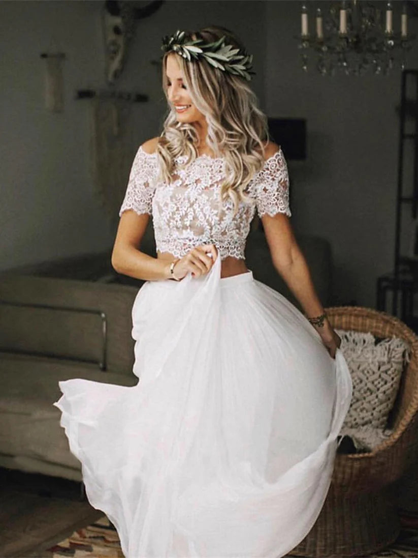 Boho Chic Lace Crop Chiffon Prom Dresses Two Piece Boho Wedding Dresses   cg9947