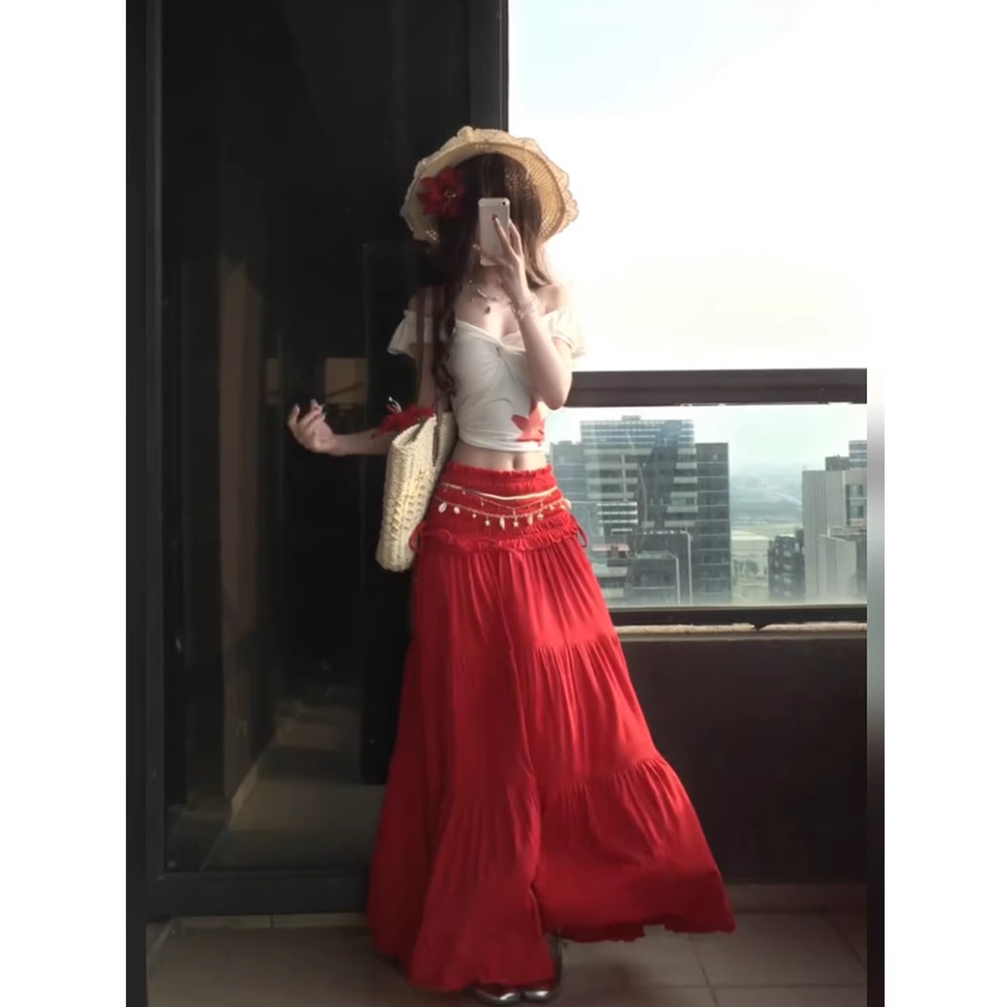 Off-the-shoulder printed crop top and ruffled skirt set G092