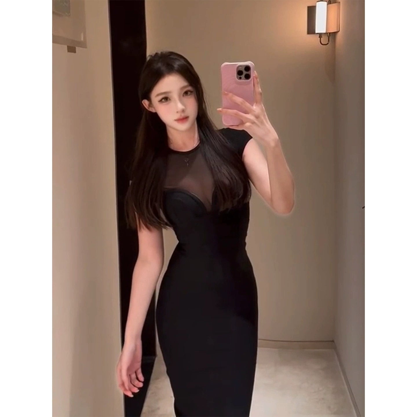 Black mesh patchwork dress, women's pencil skirt G049