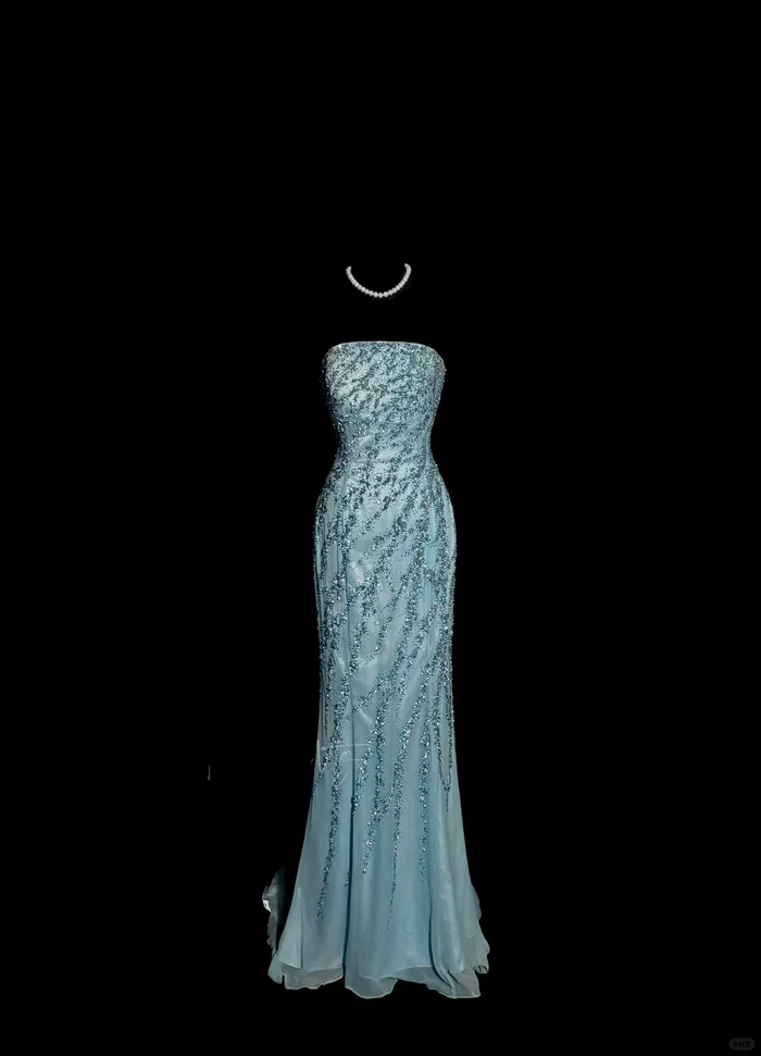 Vintage Mermaid Strapless Tulle Blue Beads Long Prom Gown Fairy Prom Dresses cg26130