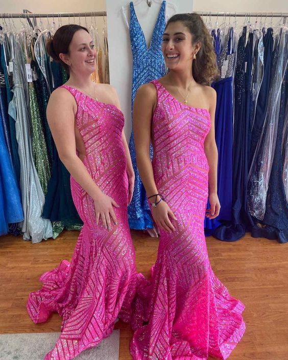 One Shoulder Mermaid Hot Pink Long Party Prom Dress cg24877