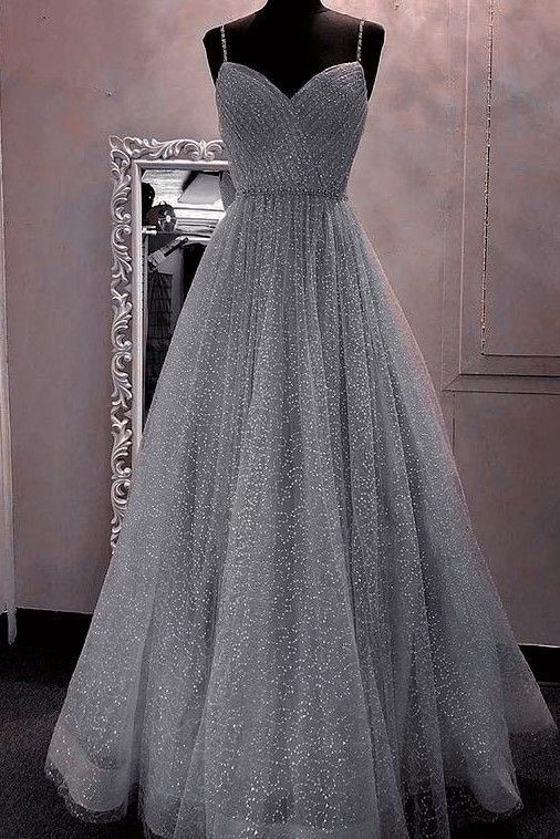 Gray tulle long ball gown dress A line evening dress cg24942
