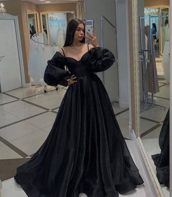 Black Long Sleeves Prom Dresses,Organza Formal Dresses,Party Dress with Train cg24946