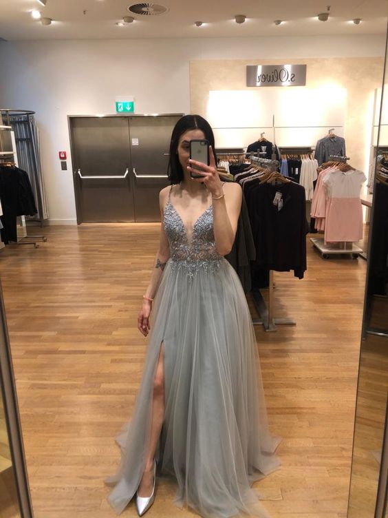 Gray prom dress A-line Evening Dress cg24977