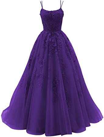 Spaghetti Strap Prom Dresses Long Tulle Lace Appliques Princess Birthday Party Dress Purple cg24943