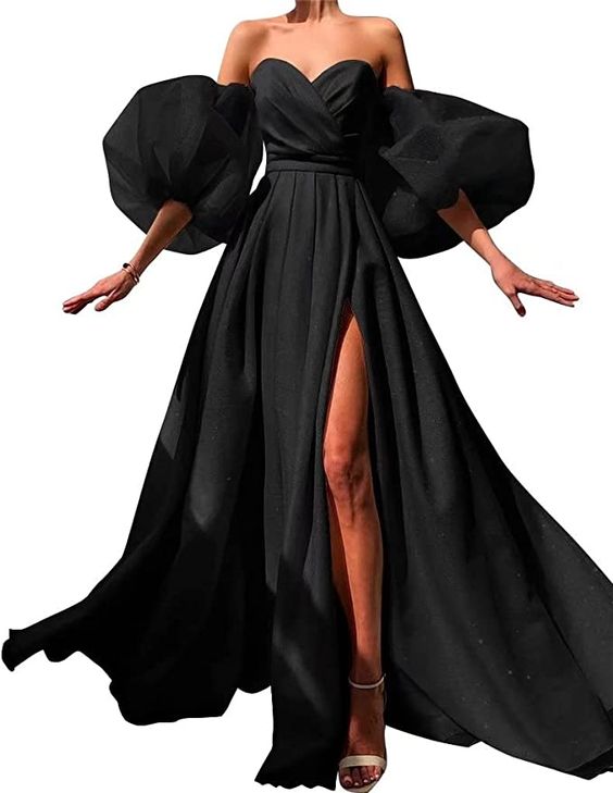 Women’s Puffy Sleeves Prom Dresses with Slit Glitter Romantic Fairy Long Evening Gowns cg24945