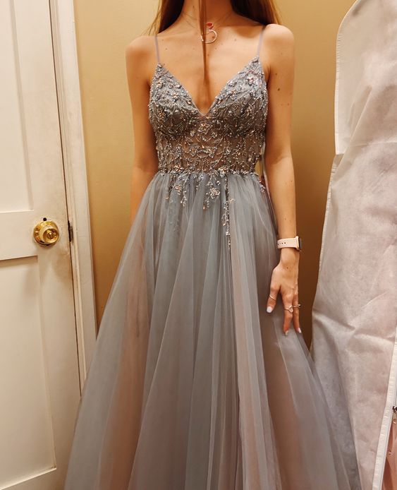 Gray prom dress A-line Evening Dress cg24979