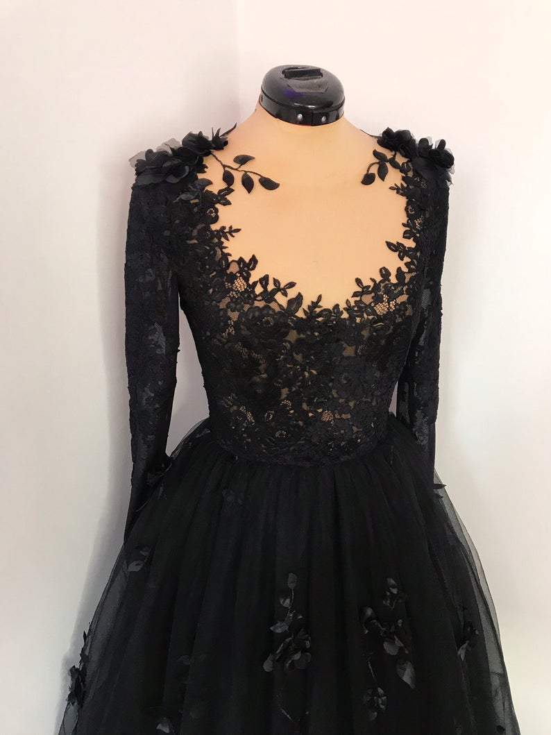 Black floral gothic wedding dress, black flower tulle lace dress, alternative bridal gown prom dress long formal gowns    cg19132