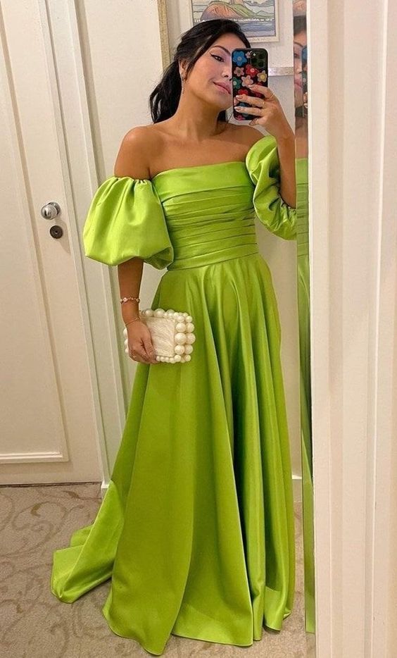 Sexy off shoulder puff sleeve floor length gown satin long evening dress cg24953