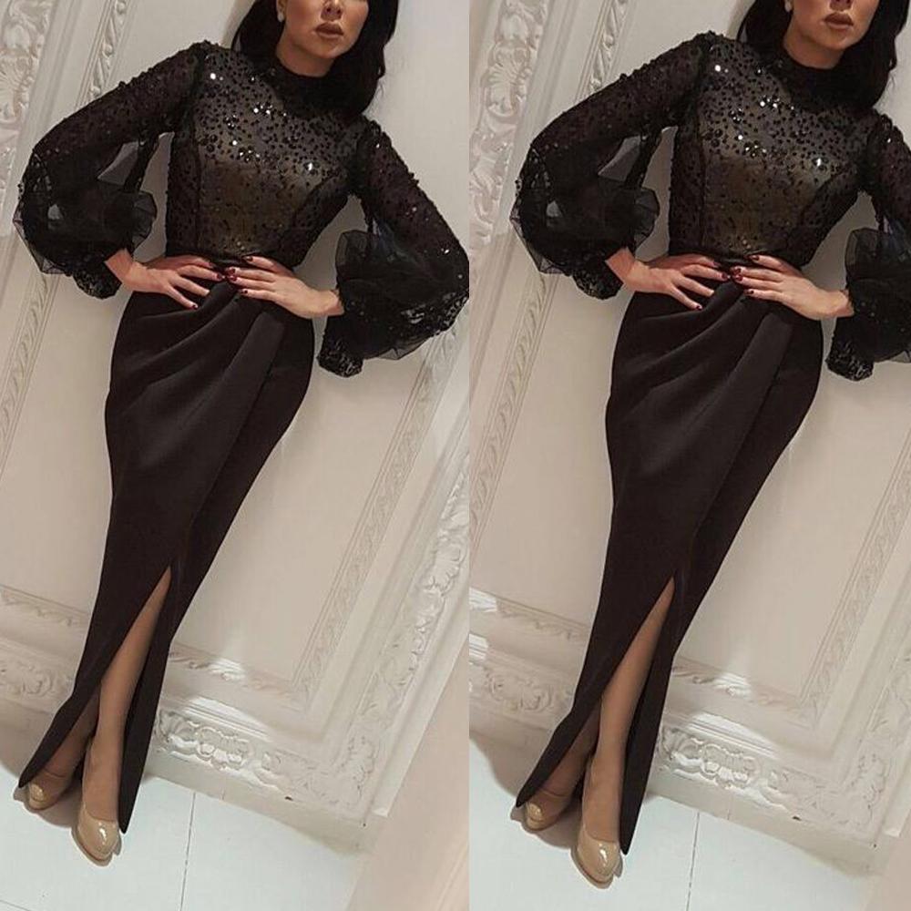 Black Evening Dresses Prom Gowns Long Sleeve High Neck Split Black Mermaid Sequined cg11421