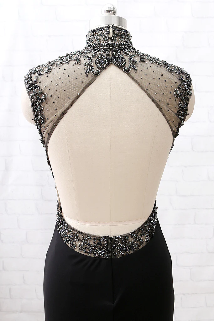 Mermaid High Neck Beaded Jersey Black Formal Evening prom Gown with Slit cg6523