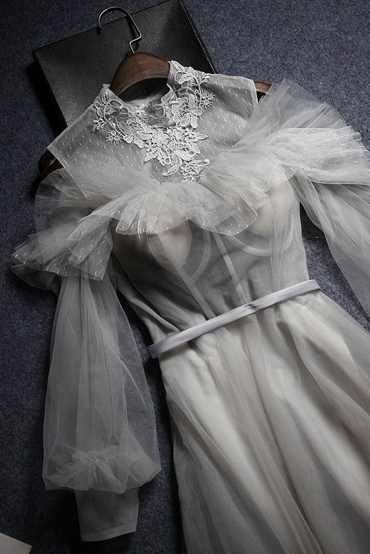 Gray Appliques Lace High Neck Prom Dress,Retro Long Sleeve Formal Dresses,Senior Tulle Prom Dresses cg11886