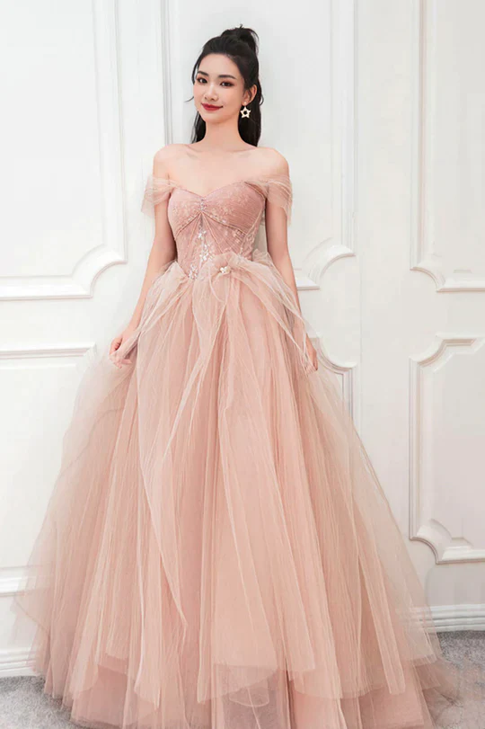 Pink Sweetheart With Lace Beaded Tulle Junior Prom Dress, Pink Long Formal Dresses cg24960