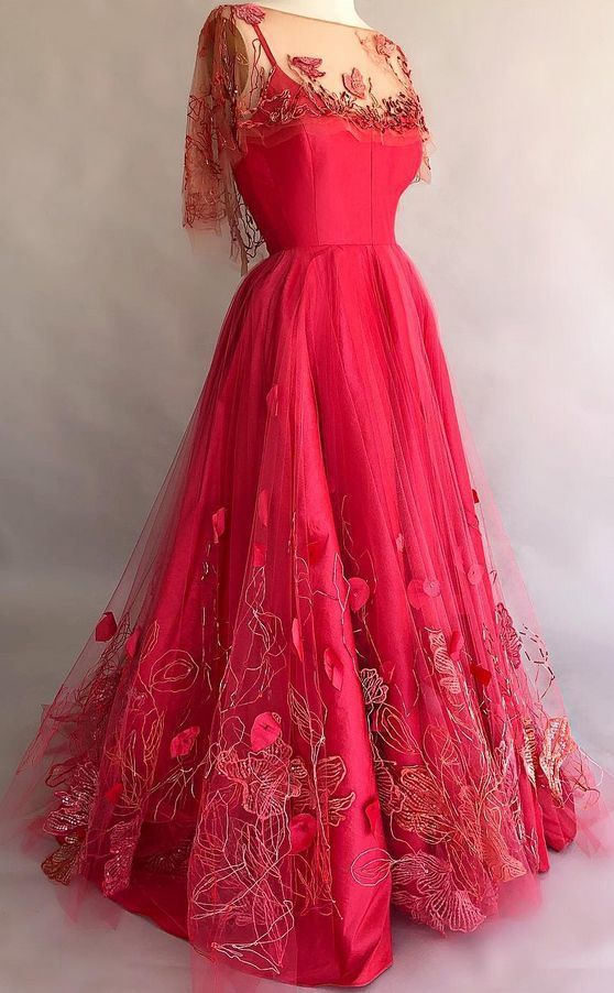 Red Applique Long Evening Dresses With Half Sleeve Prom Dress cg10006