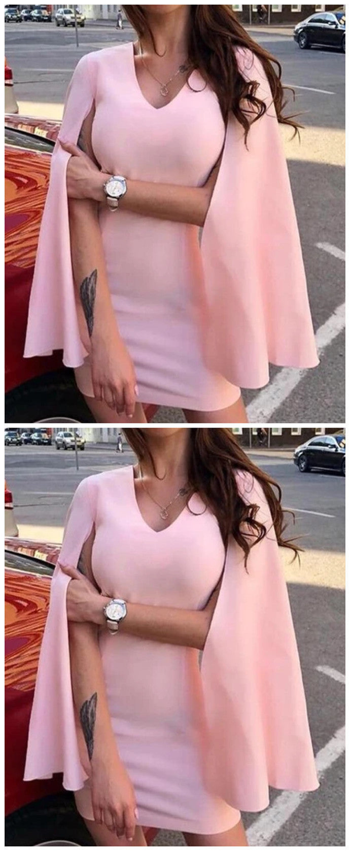 Beautiful Sheath V Neck Pink Short Homecoming Party Dress With Cloak cg10009