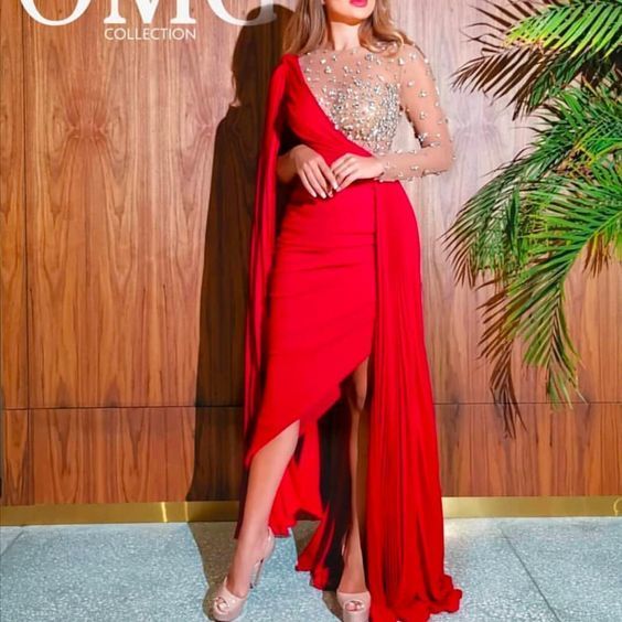 red one shoulder crew neckline side slit sashes pleats crystal chiffon evening prom dresses gowns formal dresses cg10022