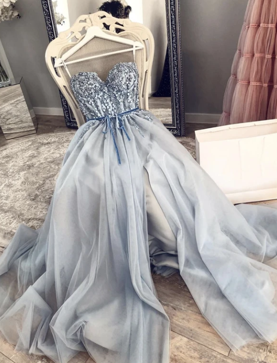 Blue tulle lace long prom dress evening dress cg10032
