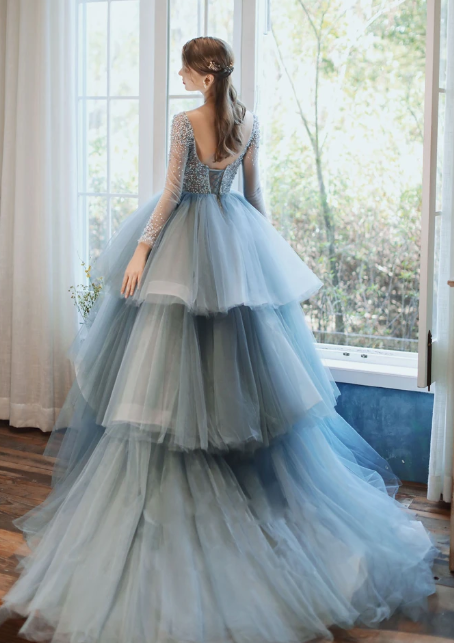 BLUE ROUND NECK TULLE SEQUIN LONG PROM GOWN BLUE FORMAL DRESS cg10033