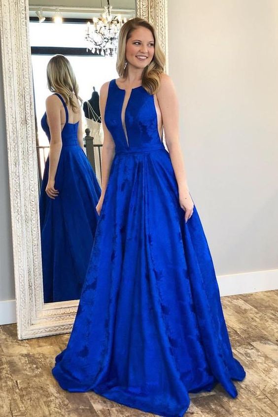 Charming A-Line Crew Floor-Length Royal Blue Printed Satin Prom Dresses cg10043