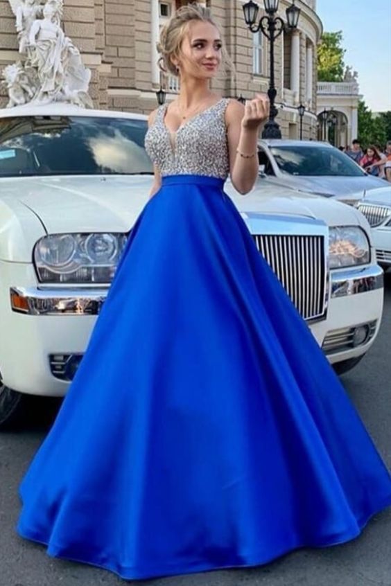 Royal Blue Satin Long Prom Dress with Silver Sequins Top cg10051